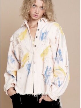 POL Paint-Splatter Oversized Shacket in white Blue & Yellow